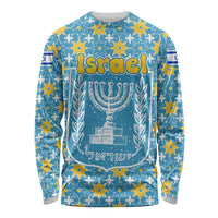 Israel Christmas Long Sleeve Shirt with Blue-Yellow Star Pattern, Menorah, and Santa Motif - Wonder Print Shop