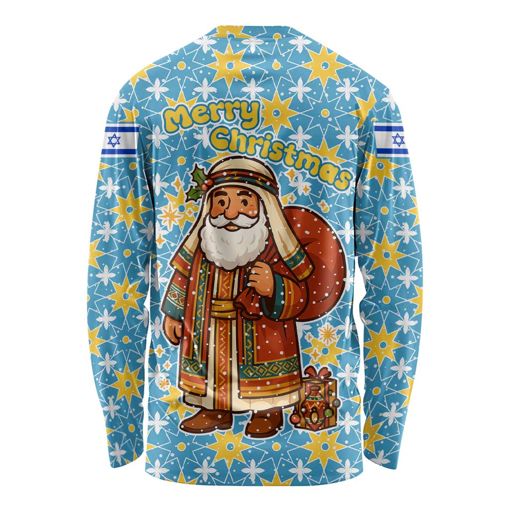 Israel Christmas Long Sleeve Shirt with Blue-Yellow Star Pattern, Menorah, and Santa Motif - Wonder Print Shop