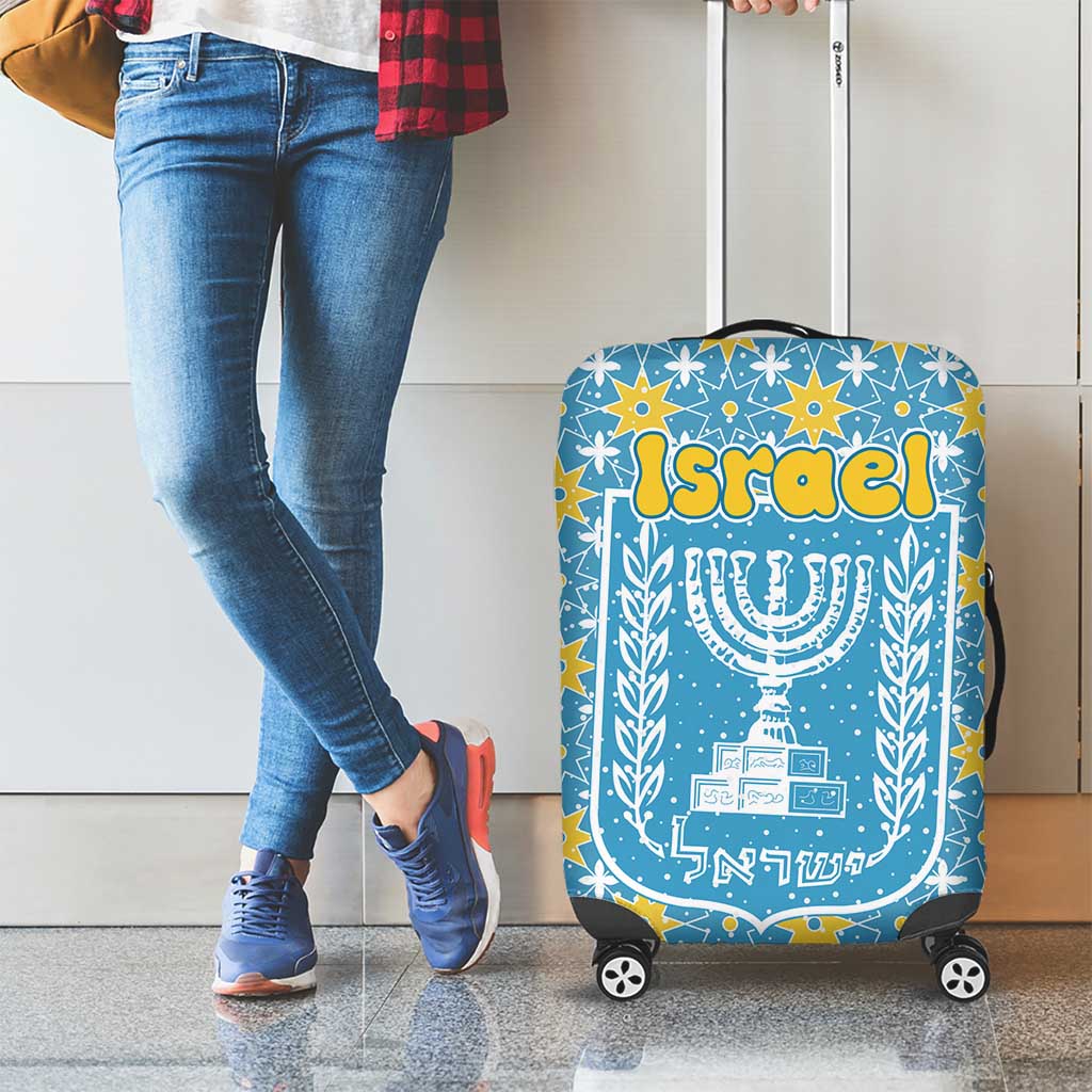 Israel Christmas Luggage Cover with Blue-Yellow Star Pattern, Menorah, and Santa Motif - Wonder Print Shop