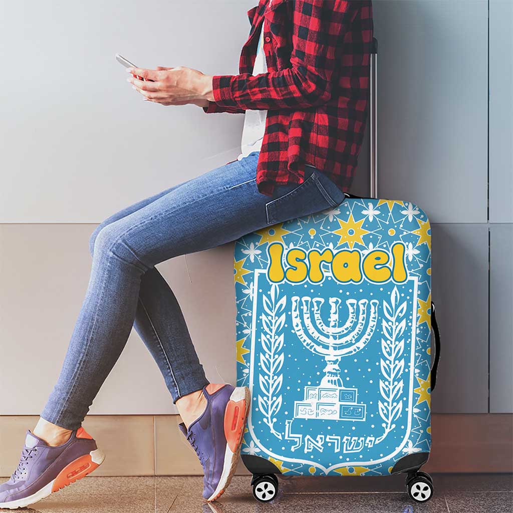 Israel Christmas Luggage Cover with Blue-Yellow Star Pattern, Menorah, and Santa Motif - Wonder Print Shop