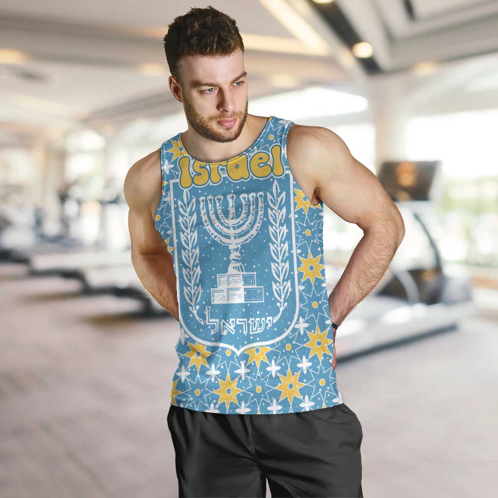 Israel Christmas Men Tank Top with Blue-Yellow Star Pattern, Menorah, and Santa Motif - Wonder Print Shop
