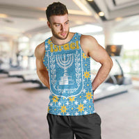 Israel Christmas Men Tank Top with Blue-Yellow Star Pattern, Menorah, and Santa Motif - Wonder Print Shop