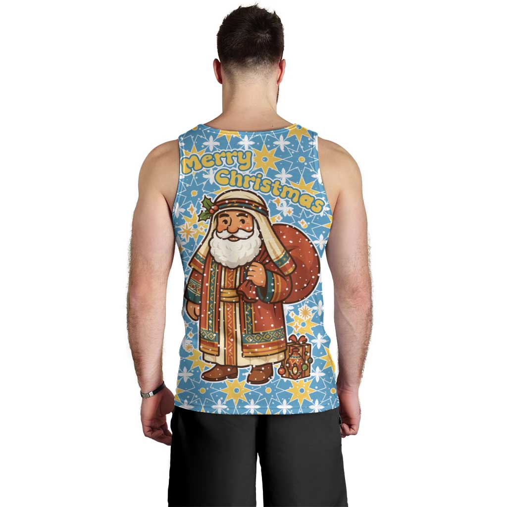 Israel Christmas Men Tank Top with Blue-Yellow Star Pattern, Menorah, and Santa Motif - Wonder Print Shop