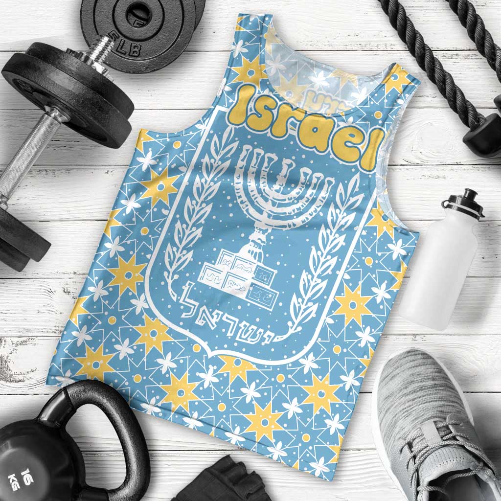Israel Christmas Men Tank Top with Blue-Yellow Star Pattern, Menorah, and Santa Motif - Wonder Print Shop
