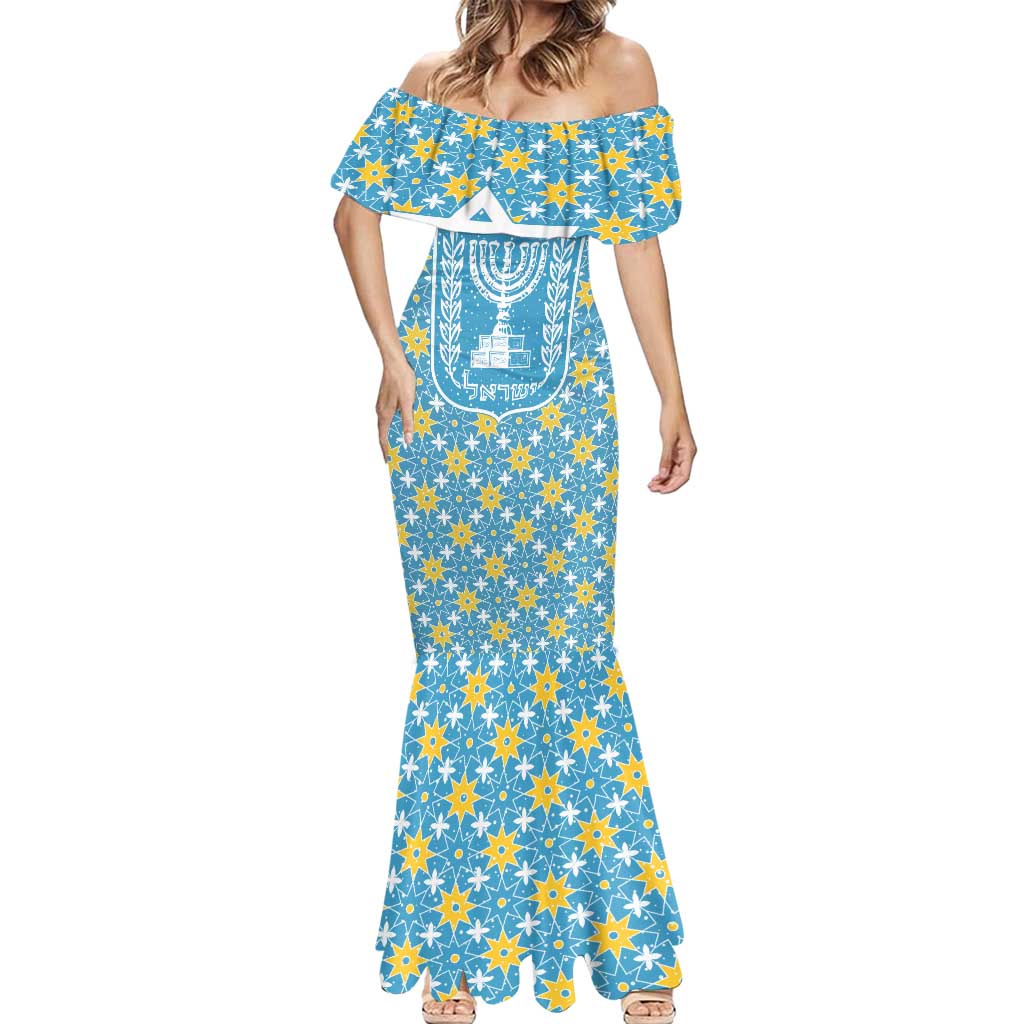Israel Christmas Mermaid Dress with Blue-Yellow Star Pattern, Menorah, and Santa Motif - Wonder Print Shop