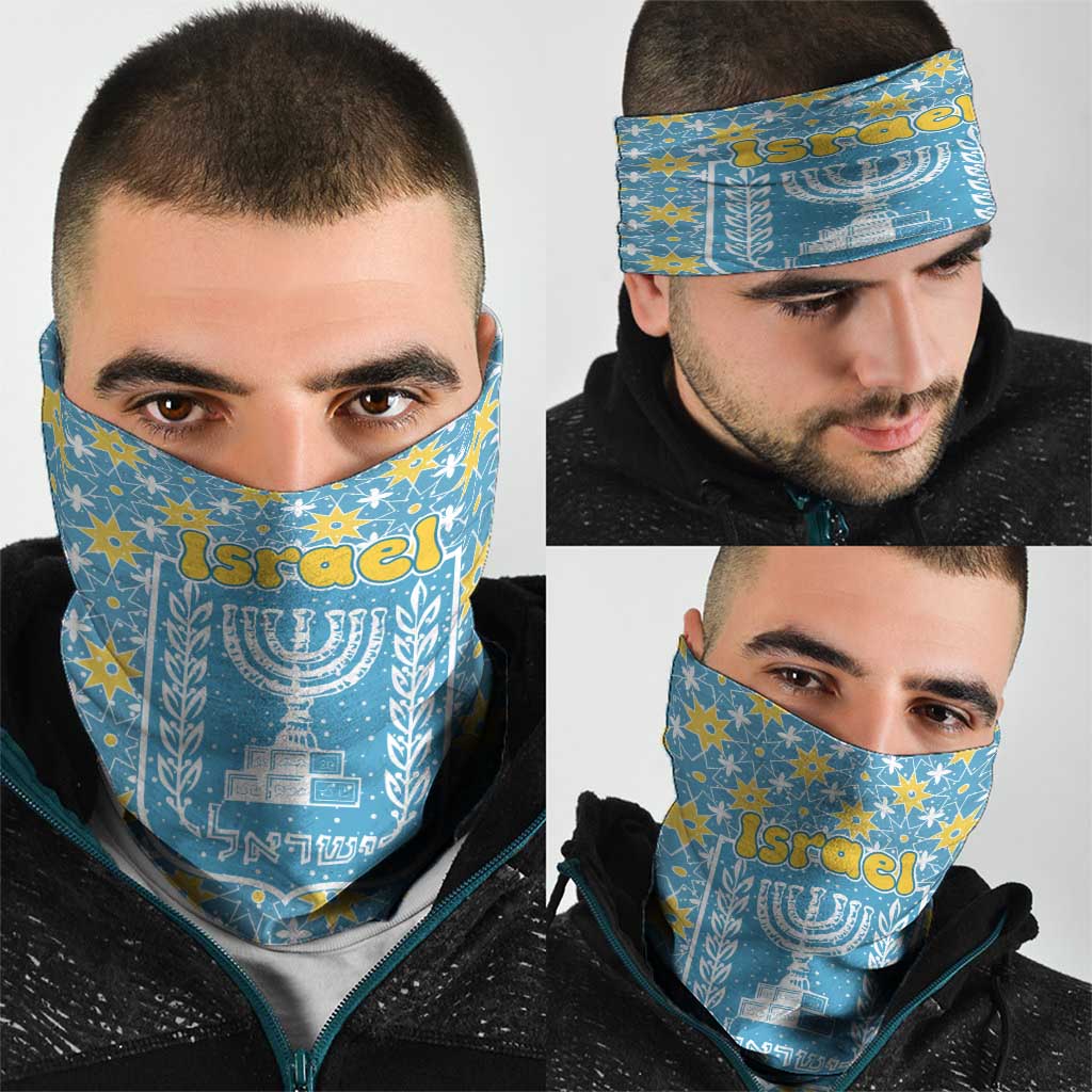 Israel Christmas Neck Gaiter with Blue-Yellow Star Pattern, Menorah, and Santa Motif - Wonder Print Shop