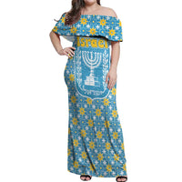 Israel Christmas Off Shoulder Maxi Dress with Blue-Yellow Star Pattern, Menorah, and Santa Motif - Wonder Print Shop