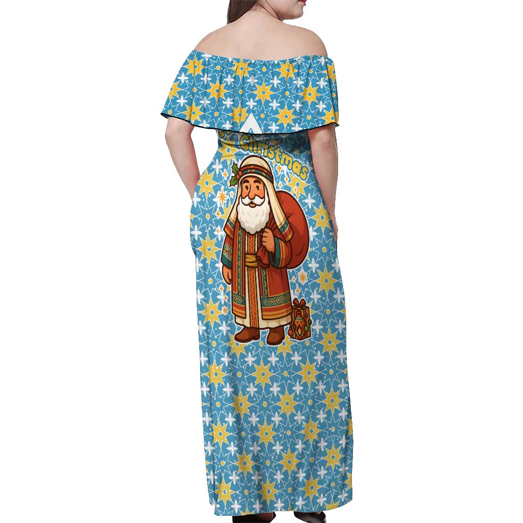Israel Christmas Off Shoulder Maxi Dress with Blue-Yellow Star Pattern, Menorah, and Santa Motif - Wonder Print Shop