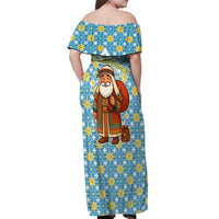 Israel Christmas Off Shoulder Maxi Dress with Blue-Yellow Star Pattern, Menorah, and Santa Motif - Wonder Print Shop