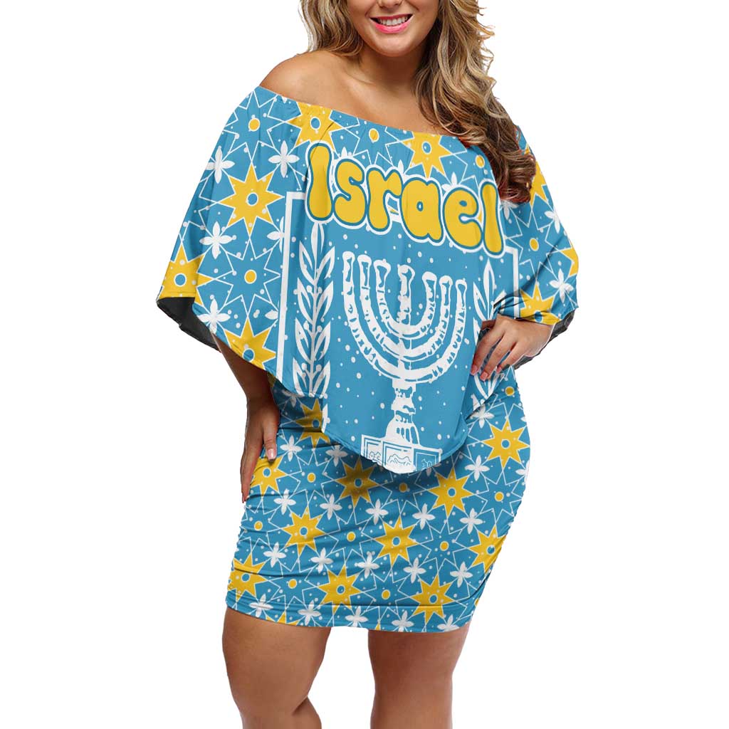 Israel Christmas Off Shoulder Short Dress with Blue-Yellow Star Pattern, Menorah, and Santa Motif - Wonder Print Shop