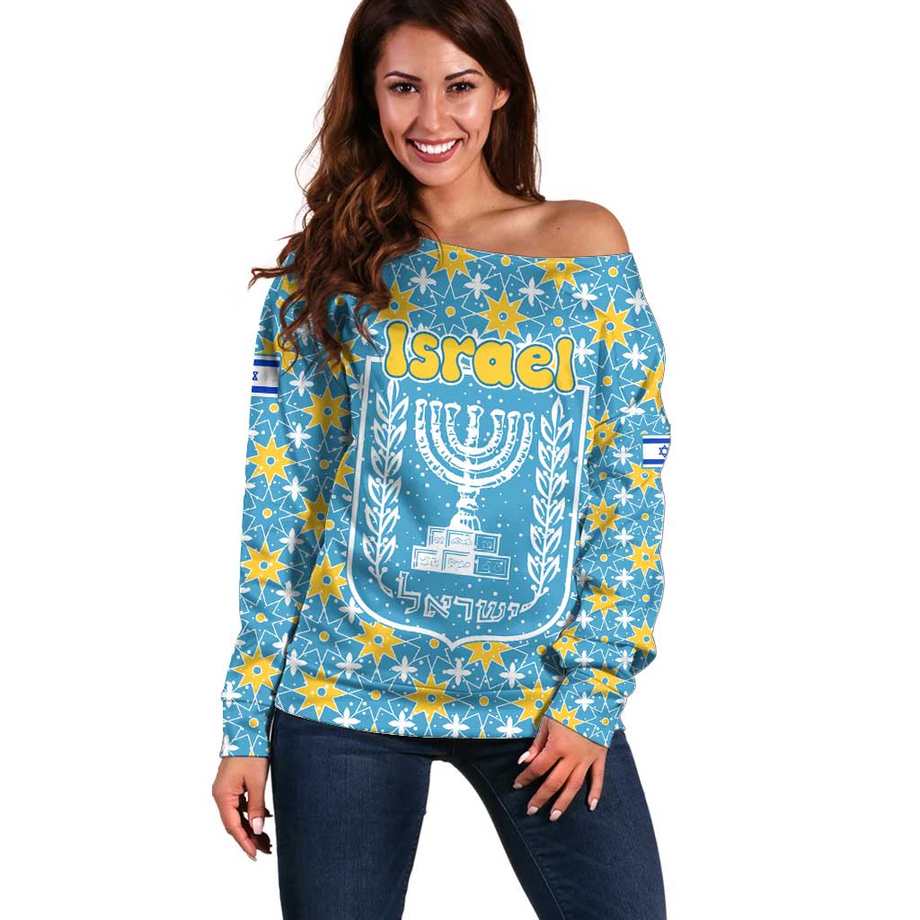 Israel Christmas Off Shoulder Sweater with Blue-Yellow Star Pattern, Menorah, and Santa Motif - Wonder Print Shop