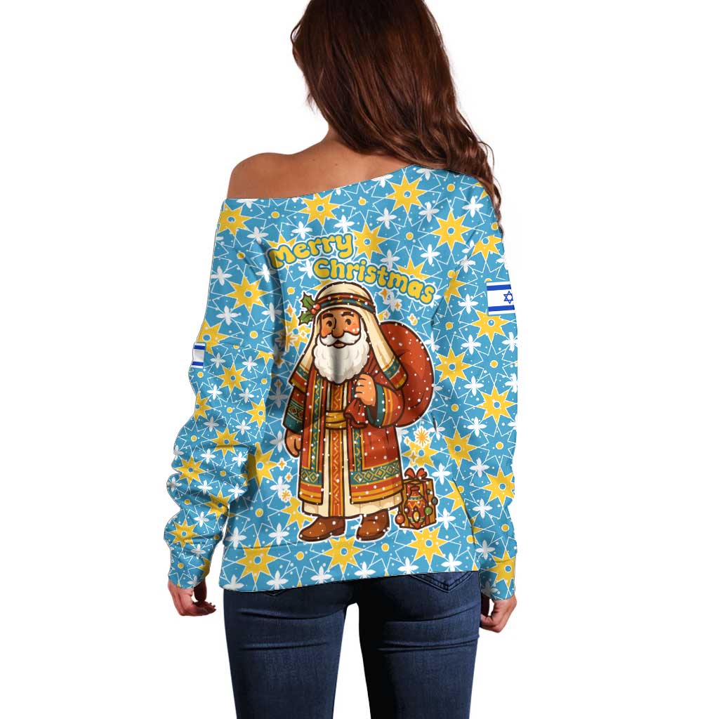 Israel Christmas Off Shoulder Sweater with Blue-Yellow Star Pattern, Menorah, and Santa Motif - Wonder Print Shop