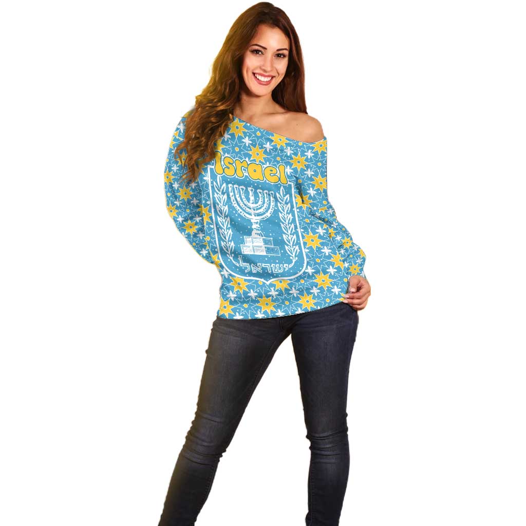 Israel Christmas Off Shoulder Sweater with Blue-Yellow Star Pattern, Menorah, and Santa Motif - Wonder Print Shop