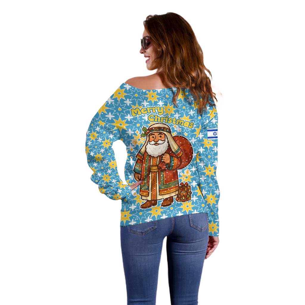 Israel Christmas Off Shoulder Sweater with Blue-Yellow Star Pattern, Menorah, and Santa Motif - Wonder Print Shop