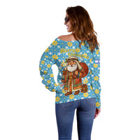 Israel Christmas Off Shoulder Sweater with Blue-Yellow Star Pattern, Menorah, and Santa Motif - Wonder Print Shop