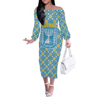 Israel Christmas Off The Shoulder Long Sleeve Dress with Blue-Yellow Star Pattern, Menorah, and Santa Motif - Wonder Print Shop