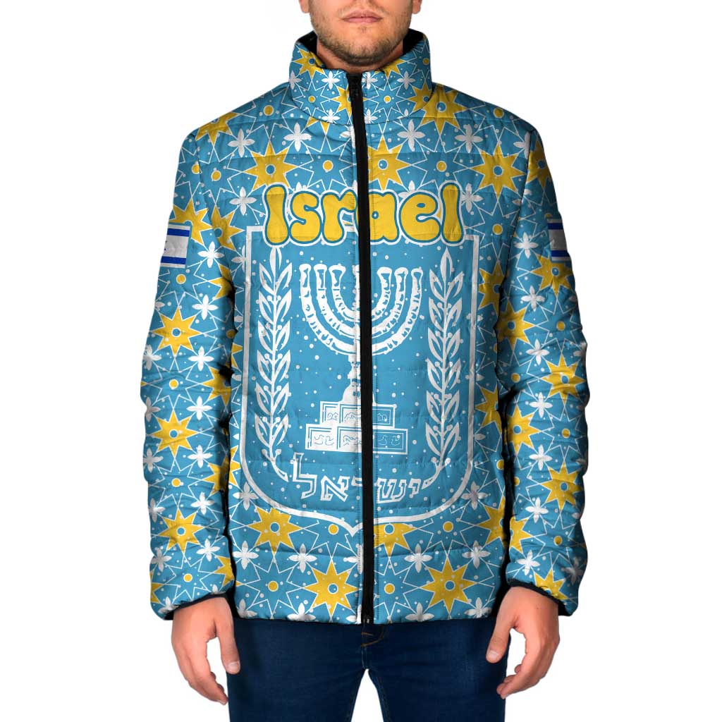 Israel Christmas Padded Jacket with Blue-Yellow Star Pattern, Menorah, and Santa Motif - Wonder Print Shop