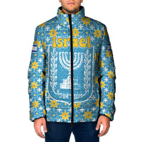 Israel Christmas Padded Jacket with Blue-Yellow Star Pattern, Menorah, and Santa Motif - Wonder Print Shop