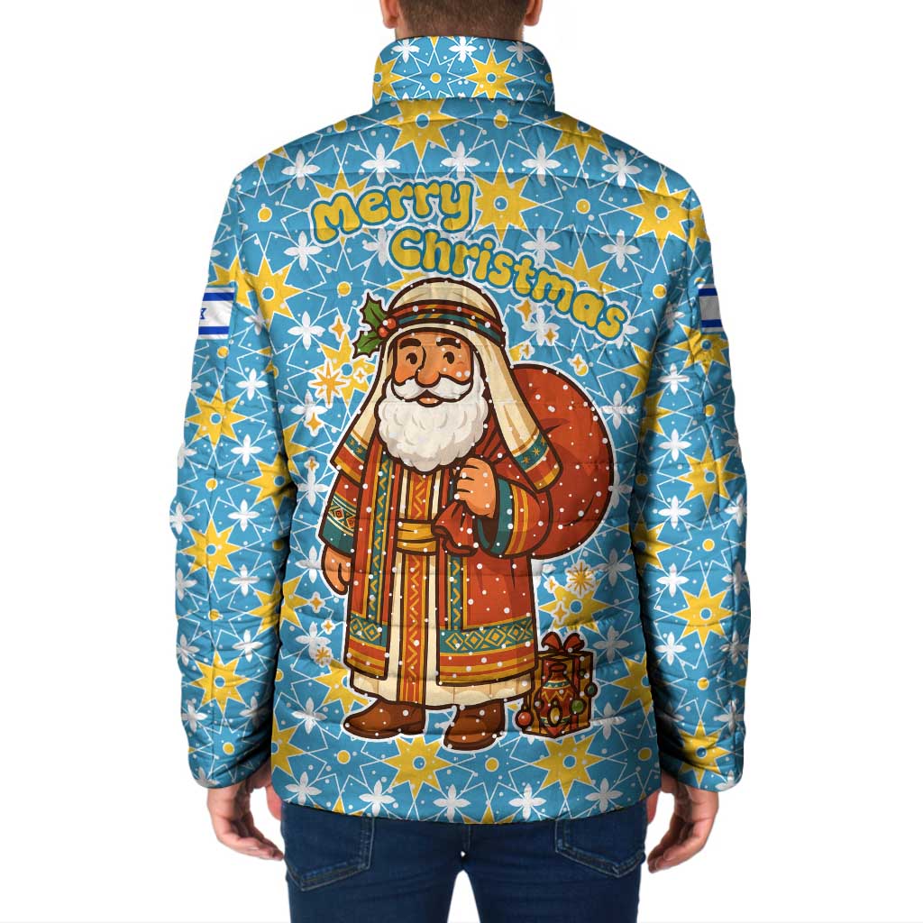 Israel Christmas Padded Jacket with Blue-Yellow Star Pattern, Menorah, and Santa Motif - Wonder Print Shop