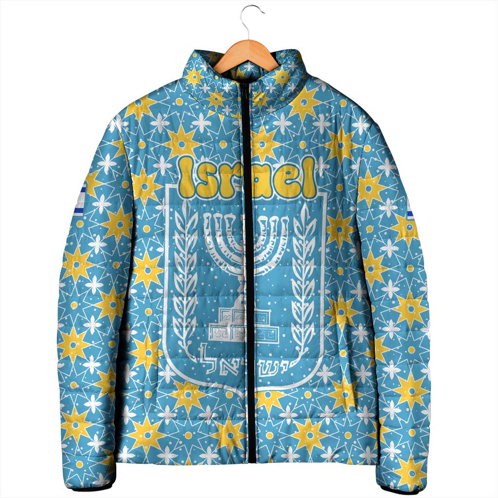 Israel Christmas Padded Jacket with Blue-Yellow Star Pattern, Menorah, and Santa Motif - Wonder Print Shop