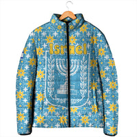 Israel Christmas Padded Jacket with Blue-Yellow Star Pattern, Menorah, and Santa Motif - Wonder Print Shop
