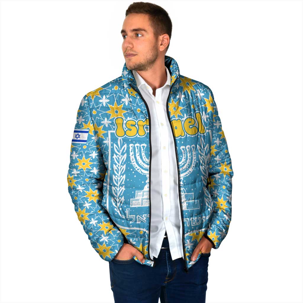Israel Christmas Padded Jacket with Blue-Yellow Star Pattern, Menorah, and Santa Motif - Wonder Print Shop