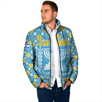 Israel Christmas Padded Jacket with Blue-Yellow Star Pattern, Menorah, and Santa Motif - Wonder Print Shop