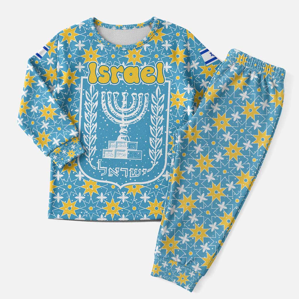 Israel Christmas Pajama Set with Blue-Yellow Star Pattern, Menorah, and Santa Motif - Wonder Print Shop