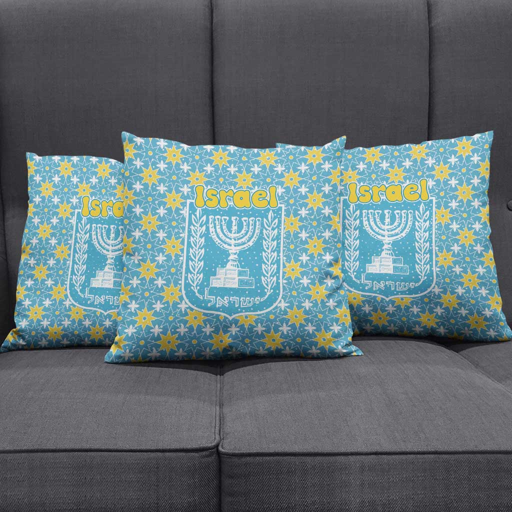 Israel Christmas Pillow Cover with Blue-Yellow Star Pattern, Menorah, and Santa Motif - Wonder Print Shop