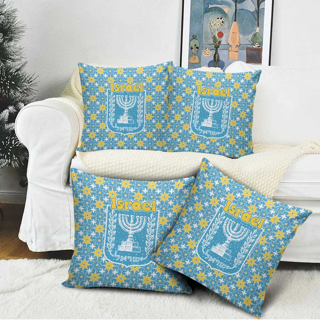 Israel Christmas Pillow Cover with Blue-Yellow Star Pattern, Menorah, and Santa Motif - Wonder Print Shop