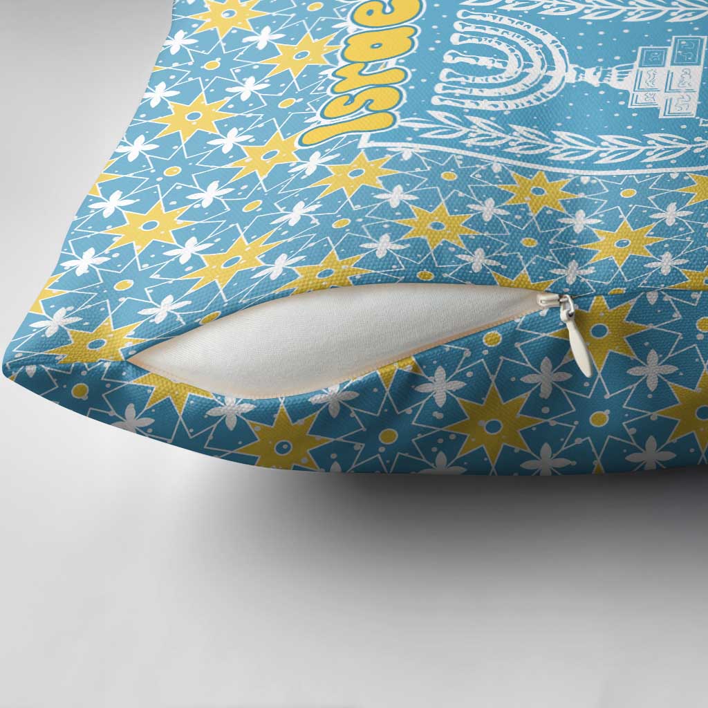 Israel Christmas Pillow Cover with Blue-Yellow Star Pattern, Menorah, and Santa Motif - Wonder Print Shop