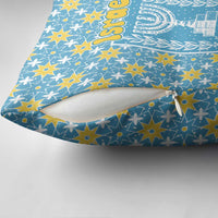 Israel Christmas Pillow Cover with Blue-Yellow Star Pattern, Menorah, and Santa Motif - Wonder Print Shop