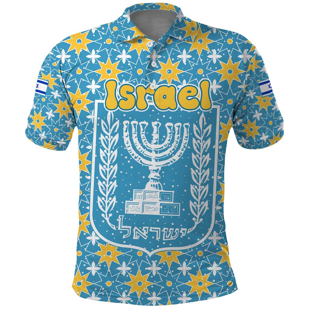 Israel Christmas Polo Shirt with Blue-Yellow Star Pattern, Menorah, and Santa Motif - Wonder Print Shop