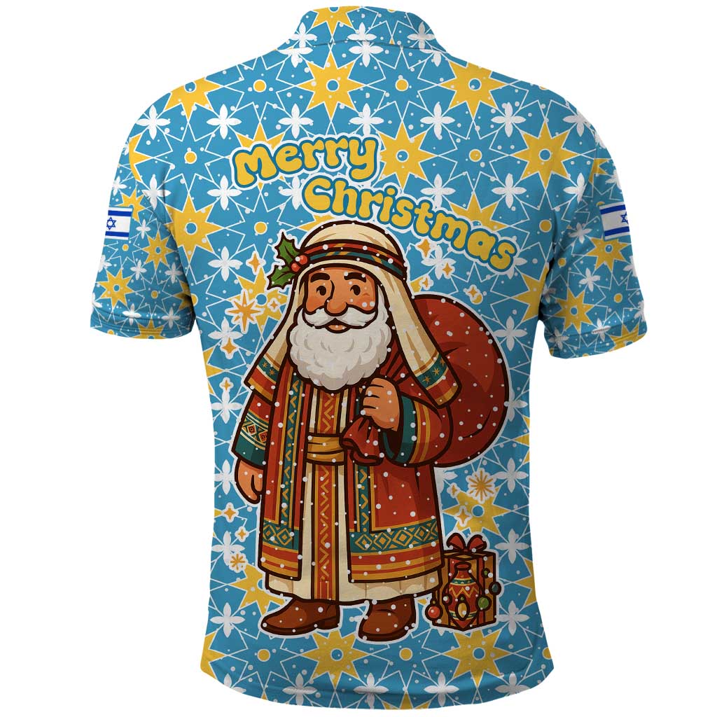 Israel Christmas Polo Shirt with Blue-Yellow Star Pattern, Menorah, and Santa Motif - Wonder Print Shop