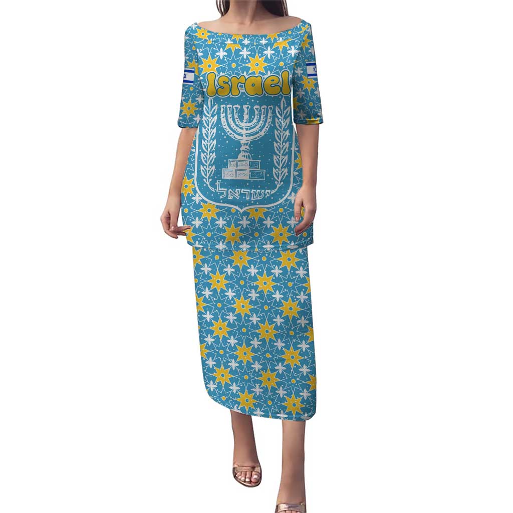 Israel Christmas Puletasi with Blue-Yellow Star Pattern, Menorah, and Santa Motif - Wonder Print Shop
