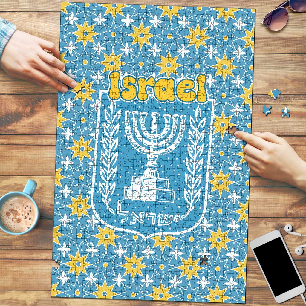 Israel Christmas Puzzle with Blue-Yellow Star Pattern, Menorah, and Santa Motif - Wonder Print Shop