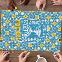 Israel Christmas Puzzle with Blue-Yellow Star Pattern, Menorah, and Santa Motif - Wonder Print Shop