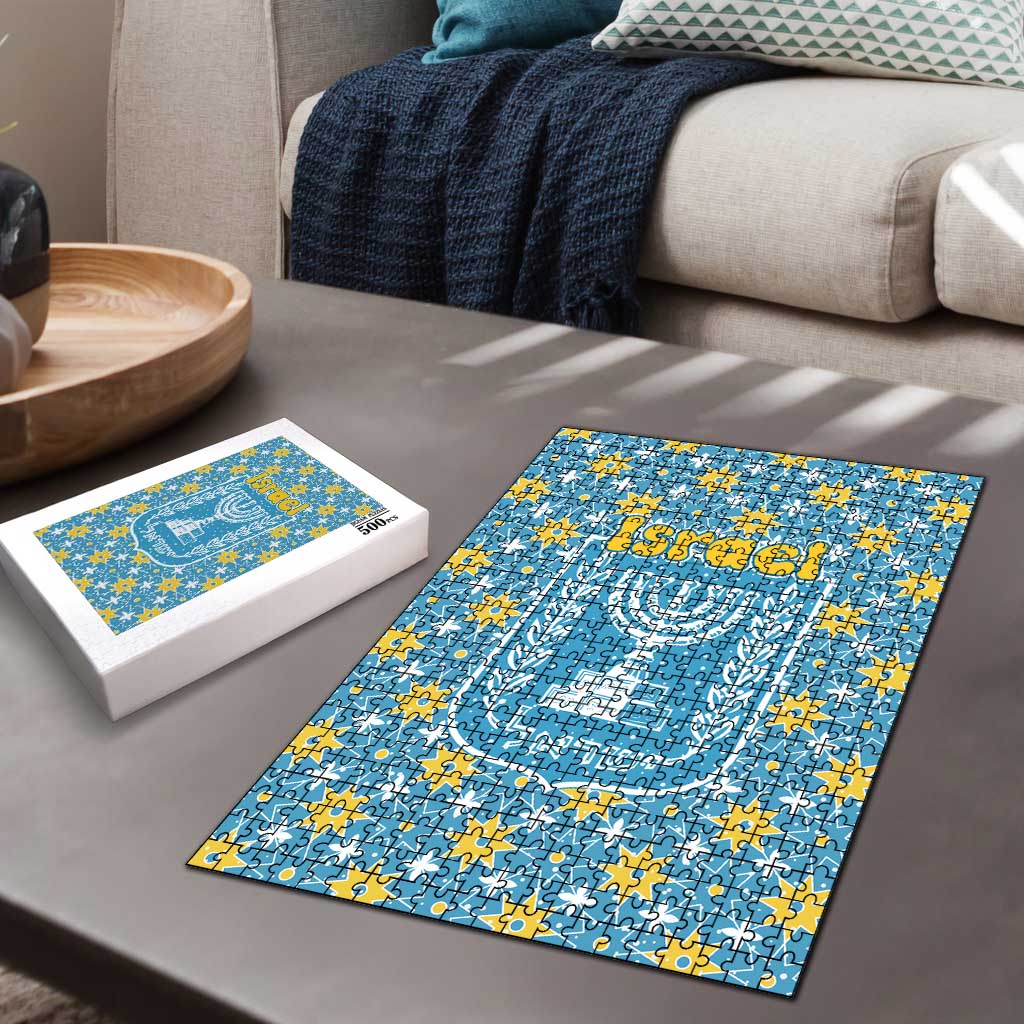 Israel Christmas Puzzle with Blue-Yellow Star Pattern, Menorah, and Santa Motif - Wonder Print Shop