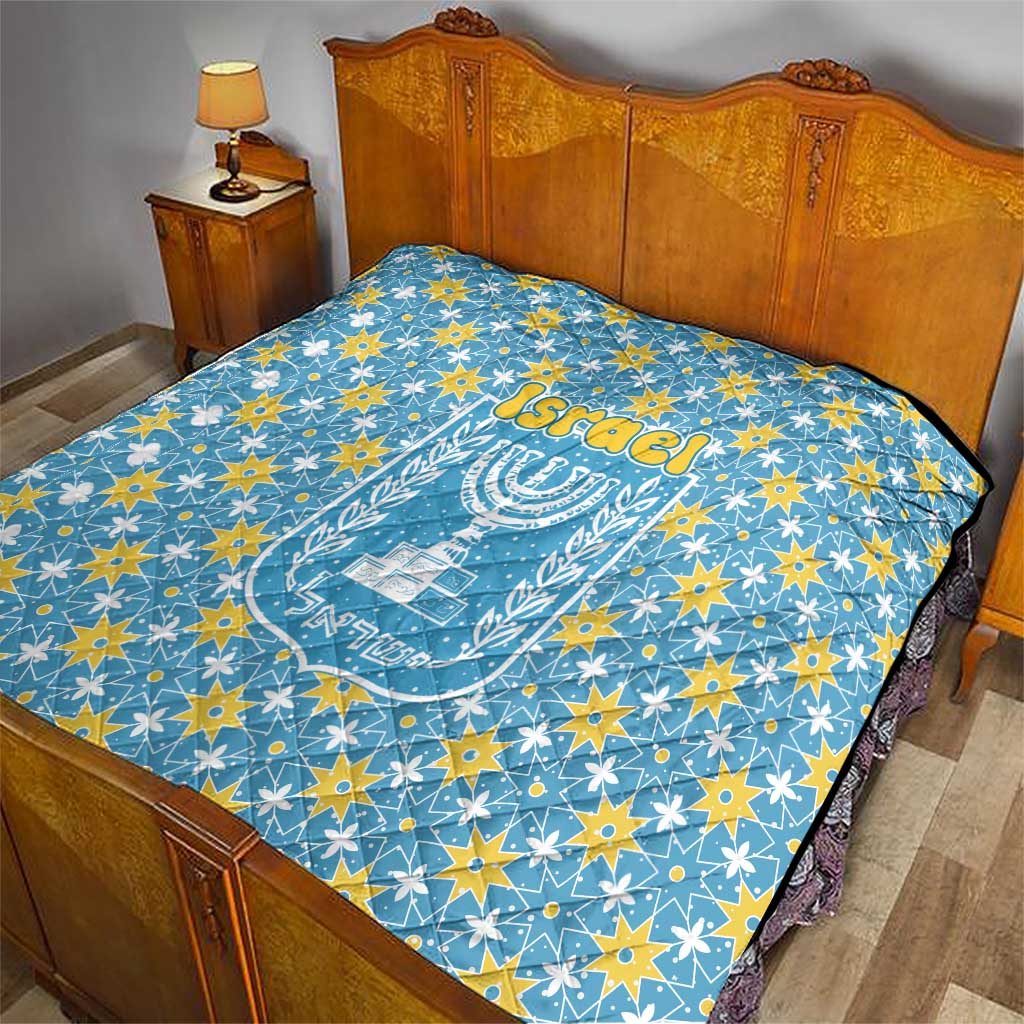 Israel Christmas Quilt with Blue-Yellow Star Pattern, Menorah, and Santa Motif - Wonder Print Shop