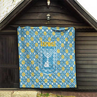 Israel Christmas Quilt with Blue-Yellow Star Pattern, Menorah, and Santa Motif - Wonder Print Shop