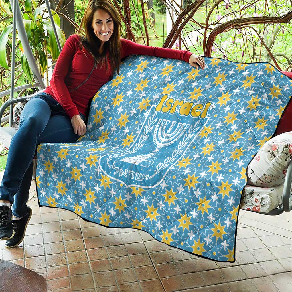 Israel Christmas Quilt with Blue-Yellow Star Pattern, Menorah, and Santa Motif - Wonder Print Shop