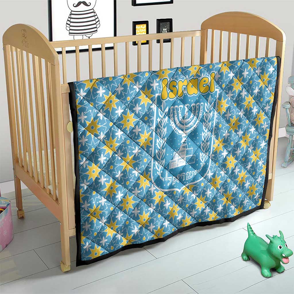 Israel Christmas Quilt with Blue-Yellow Star Pattern, Menorah, and Santa Motif - Wonder Print Shop