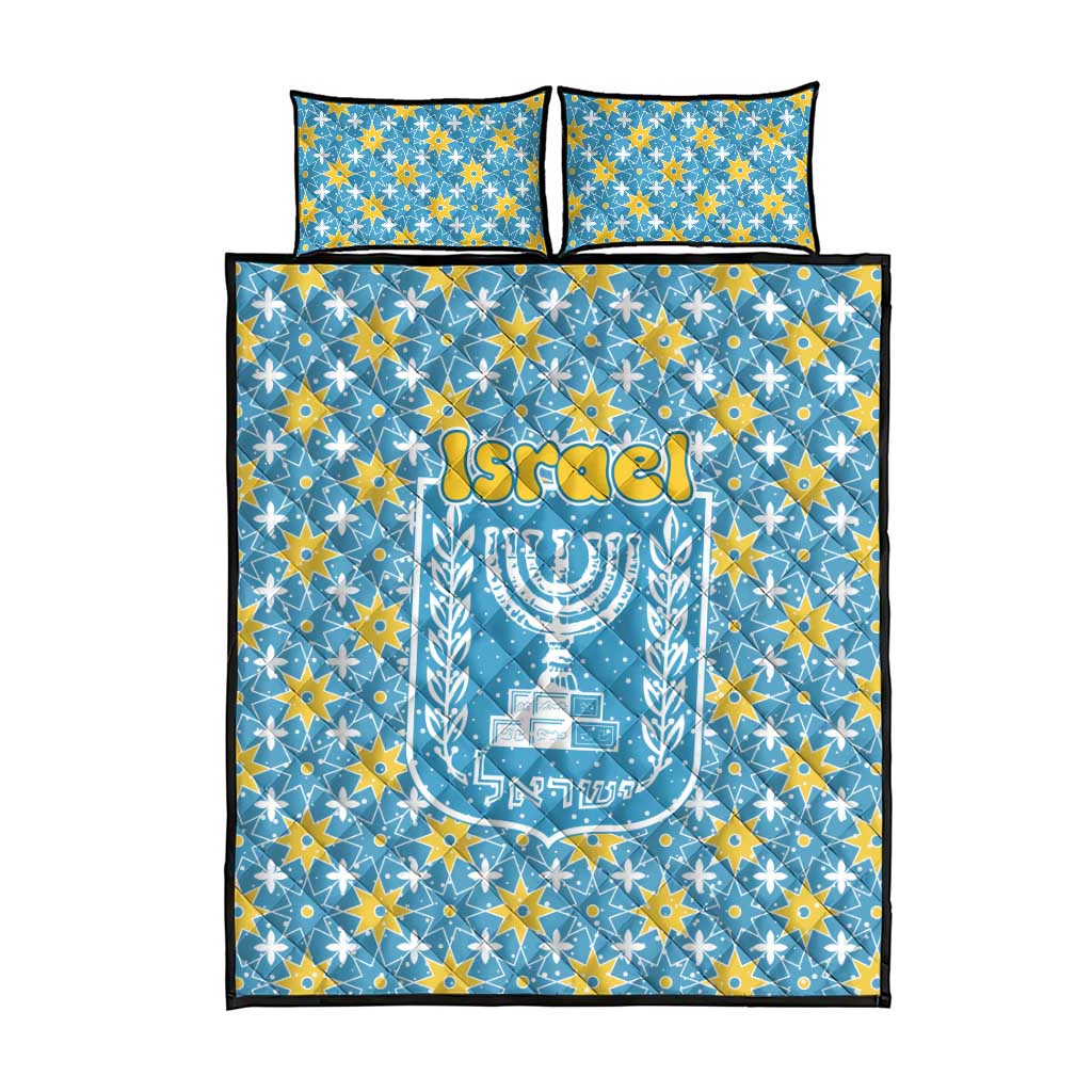 Israel Christmas Quilt Bed Set with Blue-Yellow Star Pattern, Menorah, and Santa Motif - Wonder Print Shop