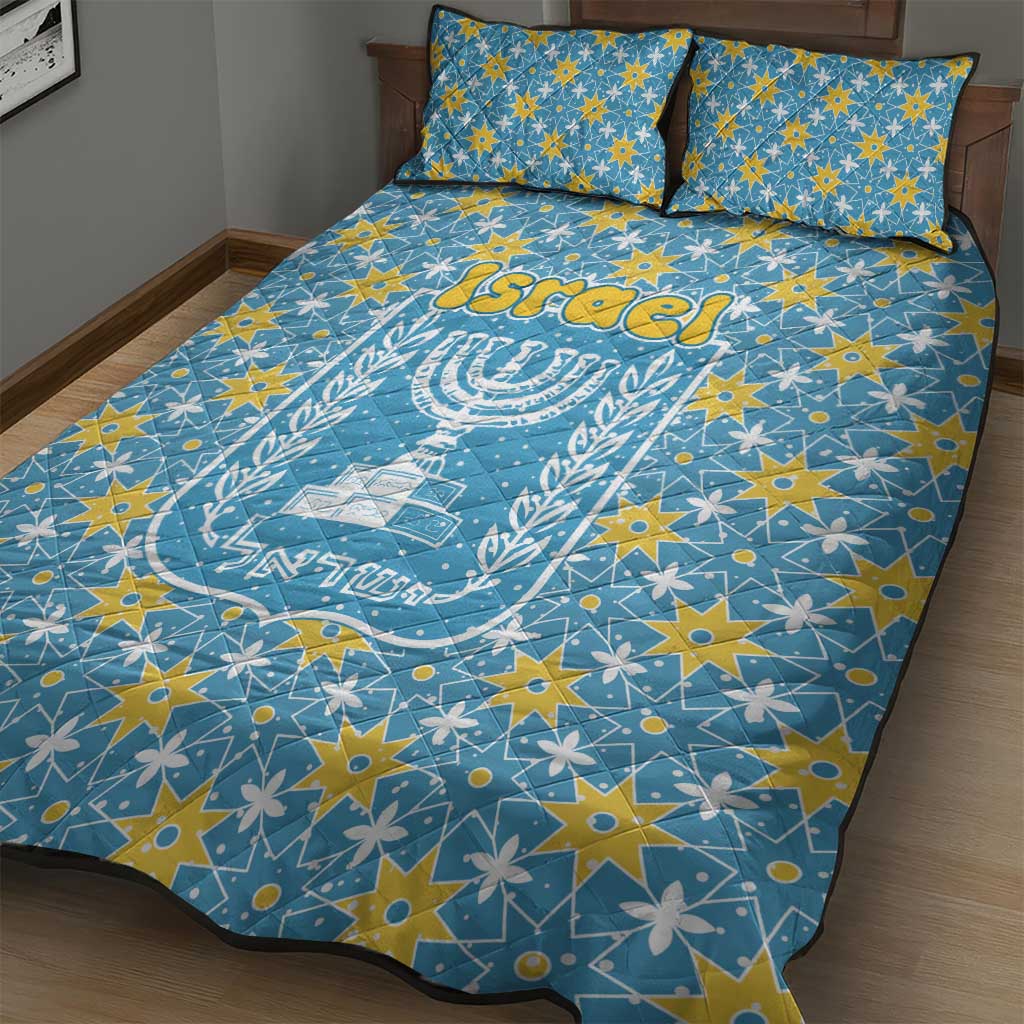 Israel Christmas Quilt Bed Set with Blue-Yellow Star Pattern, Menorah, and Santa Motif - Wonder Print Shop