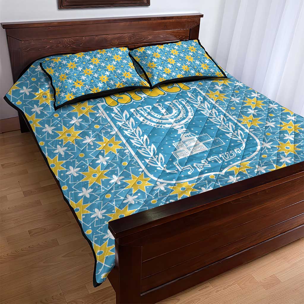 Israel Christmas Quilt Bed Set with Blue-Yellow Star Pattern, Menorah, and Santa Motif - Wonder Print Shop