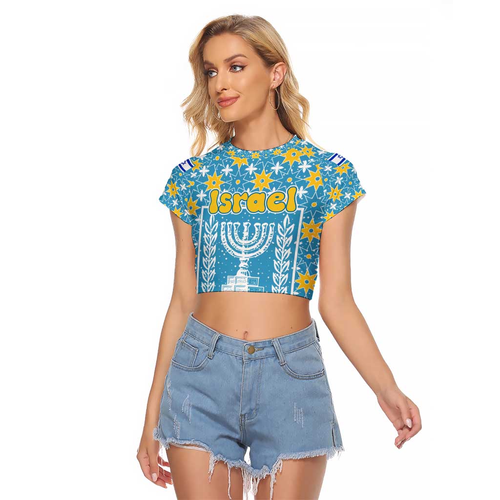Israel Christmas Raglan Cropped T Shirt with Blue-Yellow Star Pattern, Menorah, and Santa Motif - Wonder Print Shop