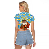 Israel Christmas Raglan Cropped T Shirt with Blue-Yellow Star Pattern, Menorah, and Santa Motif - Wonder Print Shop