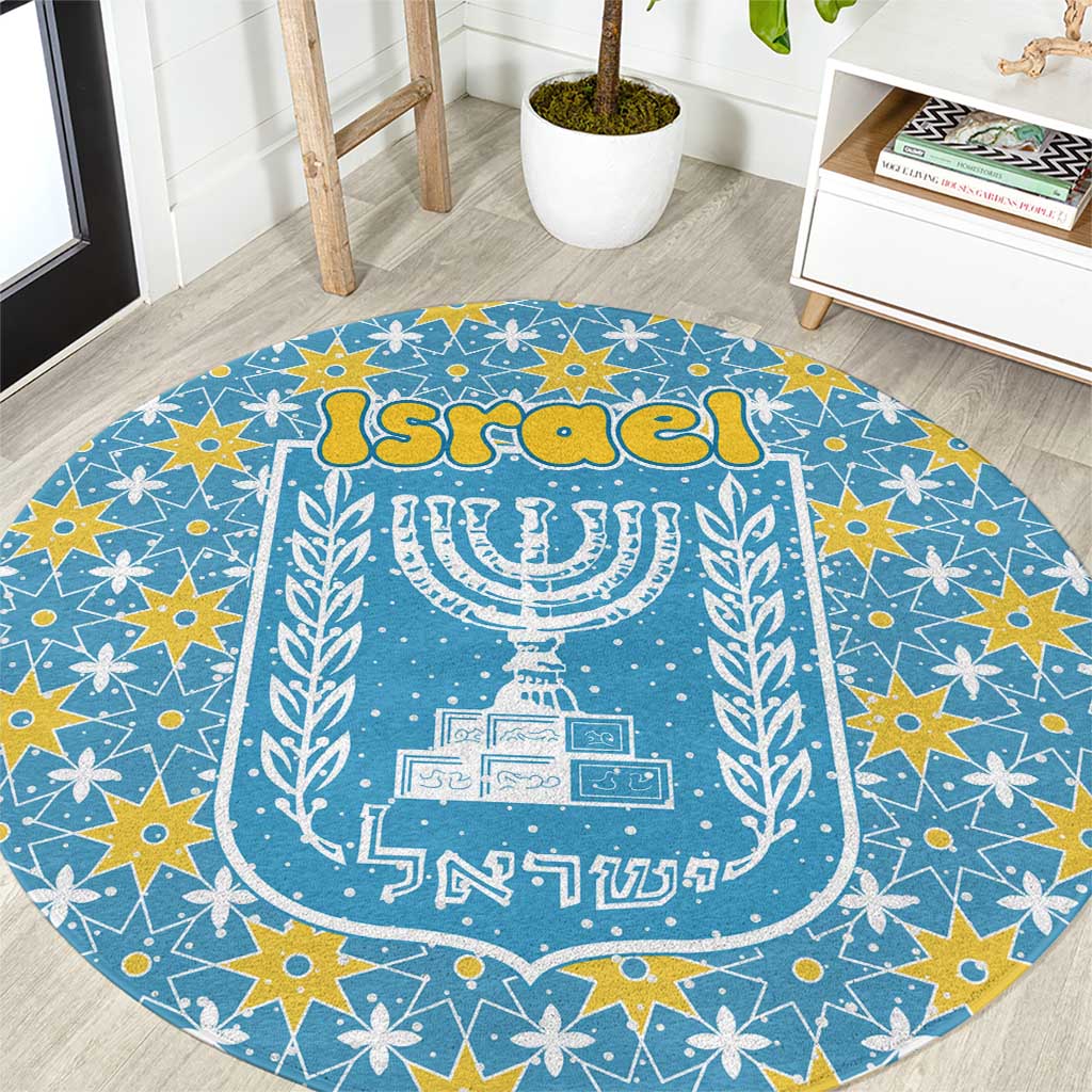 Israel Christmas Round Carpet with Blue-Yellow Star Pattern, Menorah, and Santa Motif - Wonder Print Shop