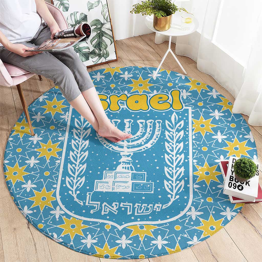 Israel Christmas Round Carpet with Blue-Yellow Star Pattern, Menorah, and Santa Motif - Wonder Print Shop
