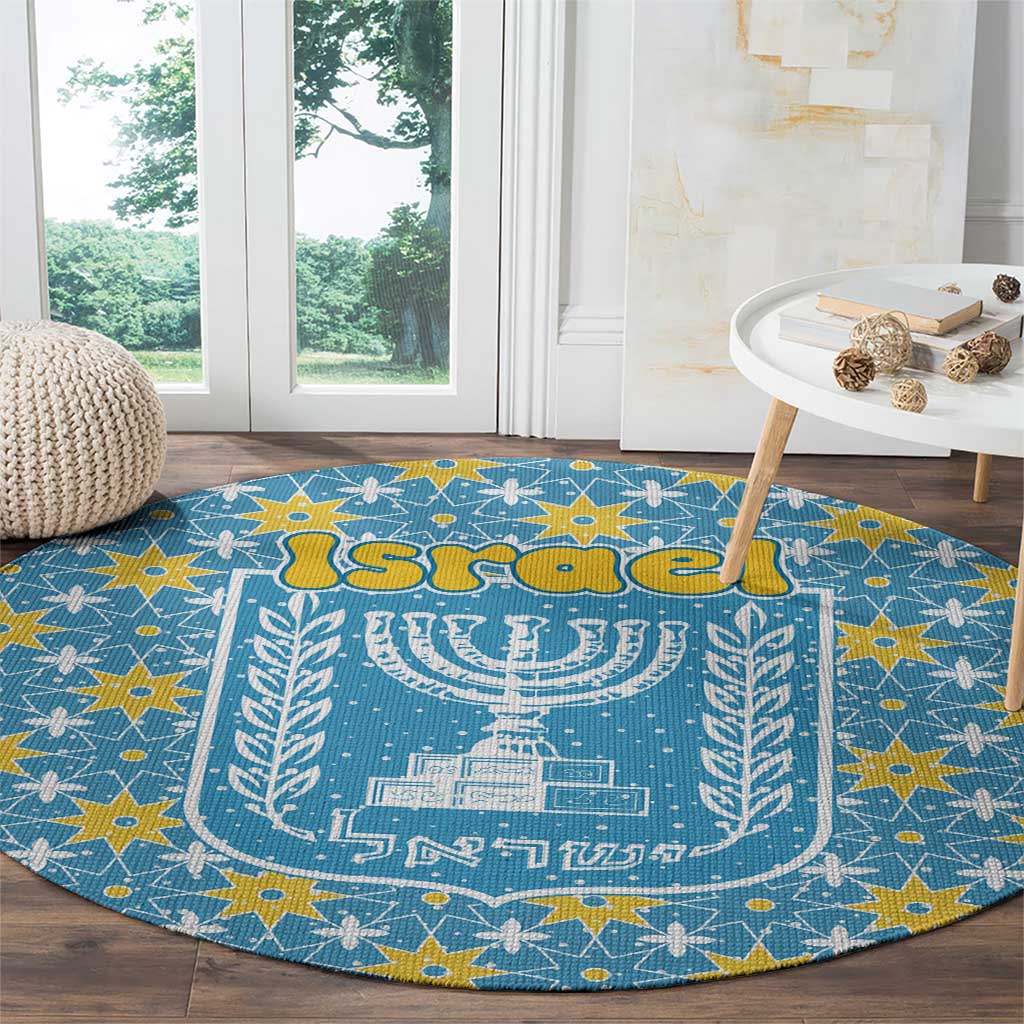 Israel Christmas Round Carpet with Blue-Yellow Star Pattern, Menorah, and Santa Motif - Wonder Print Shop